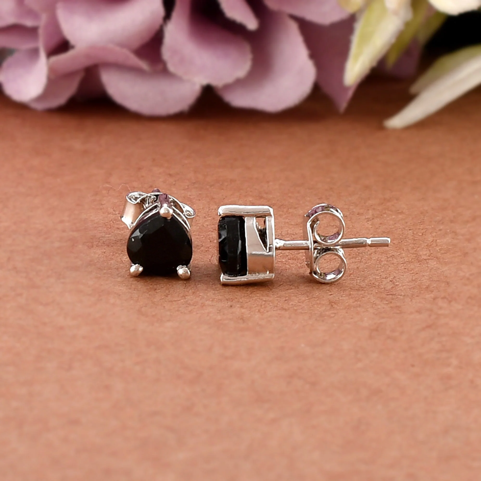 Sleek Sterling Silver Black Onyx Gemstone Unisex Round Stud Earrings - Image 2