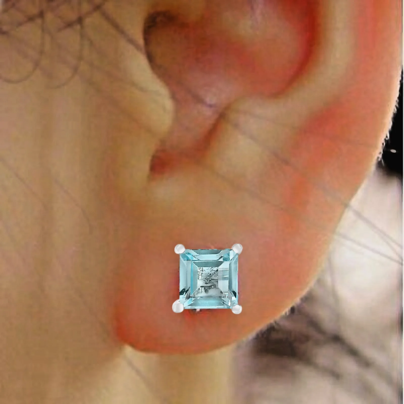 Exquisite Princess Cut Natural Blue Topaz Gemstone Square Stud Earrings