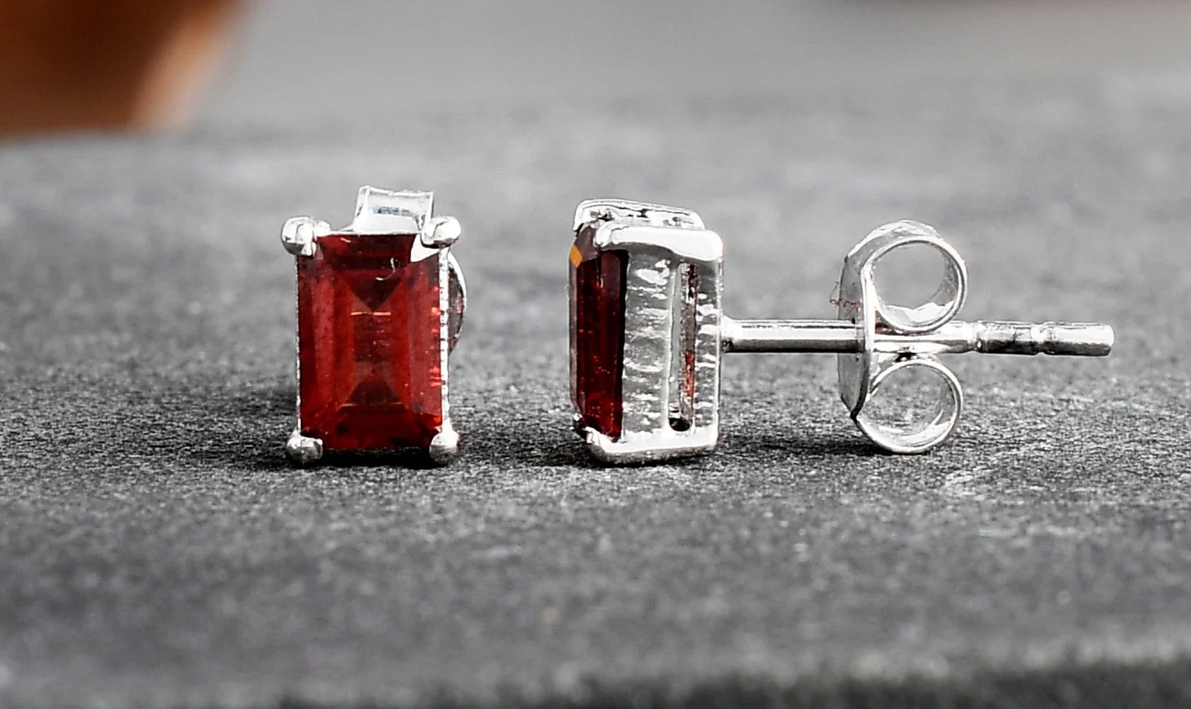Sleek Natural Garnet Gemstone Rectangle Stud Earrings