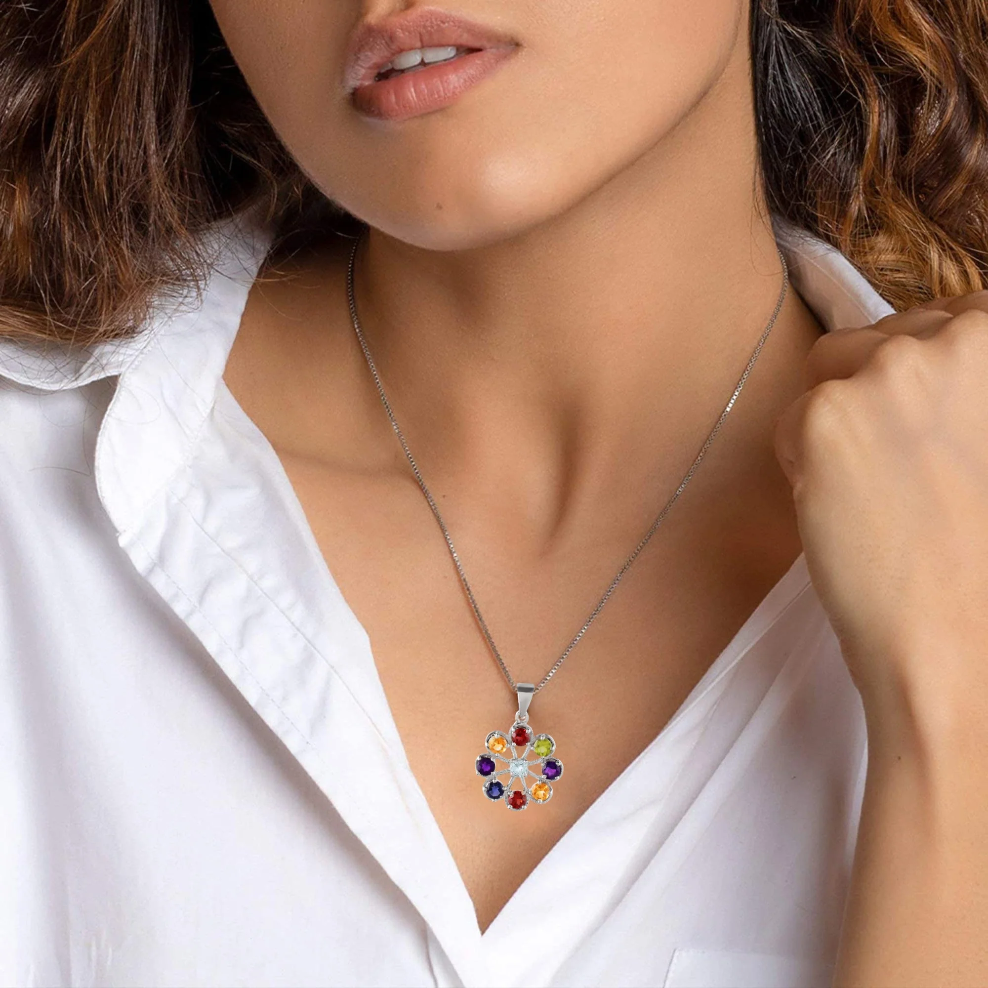 Vibrant 9-Gemstone Multicolor Round Pendant for Women