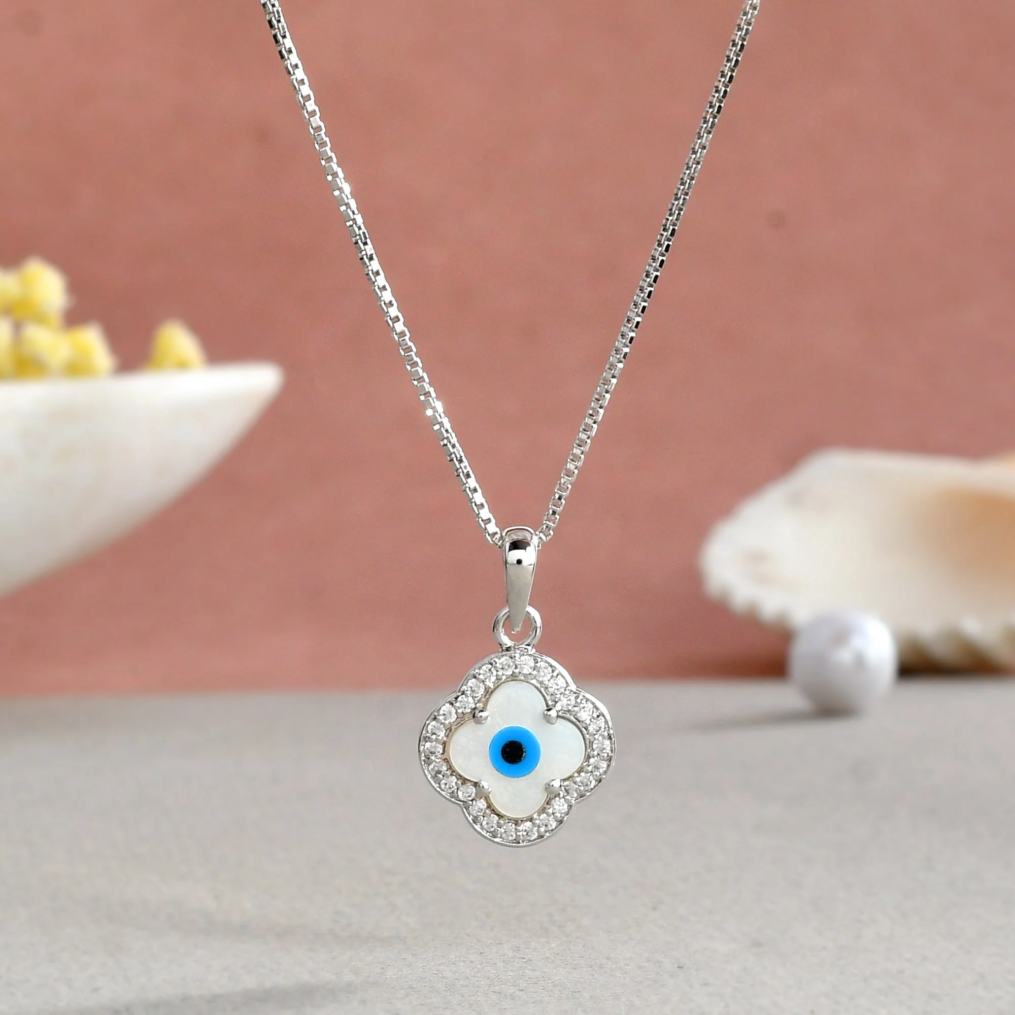 Floral Evil Eye Pendant with Mother of Pearl