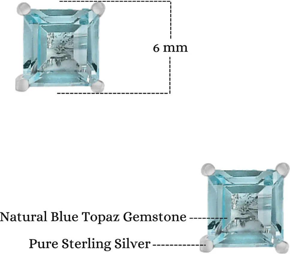 Exquisite Princess Cut Natural Blue Topaz Gemstone Square Stud Earrings - Image 4