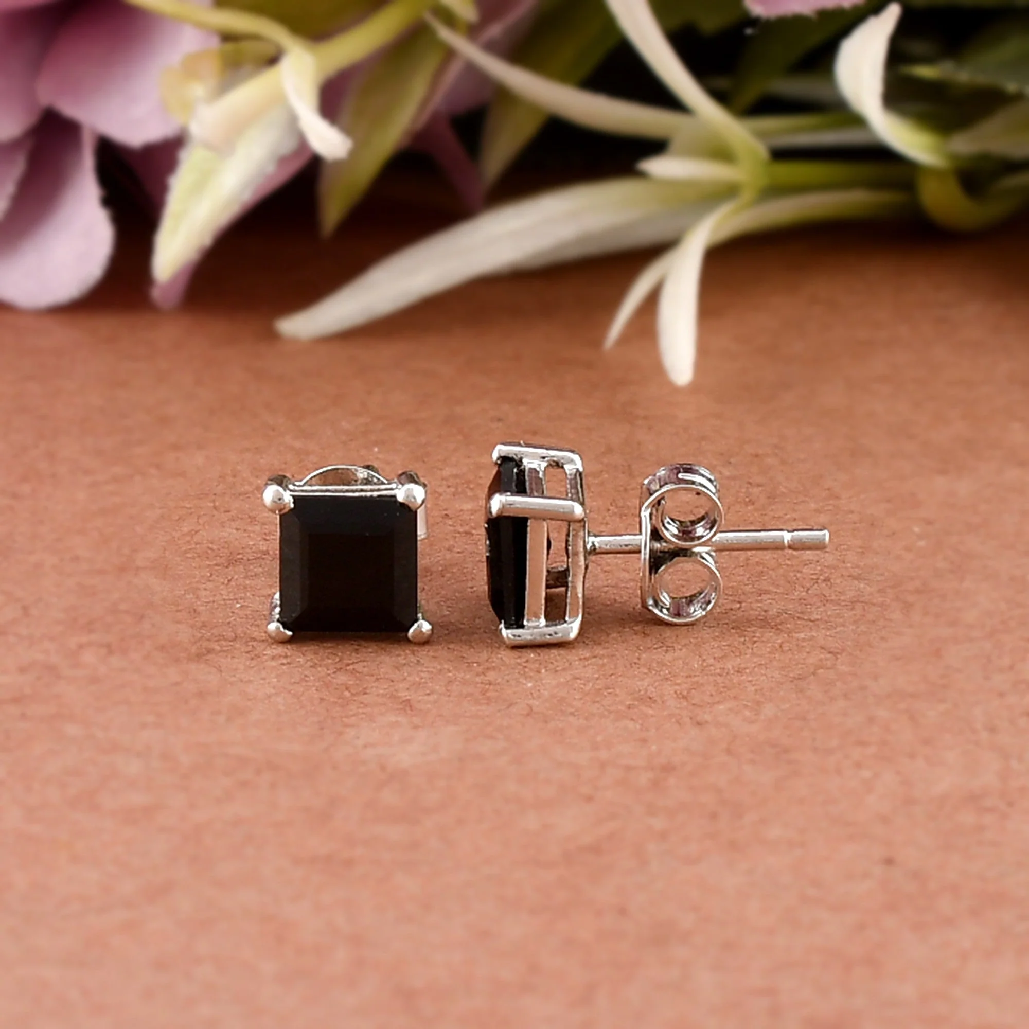 Timeless Natural Black Onyx Gemstone Square Stud Earrings