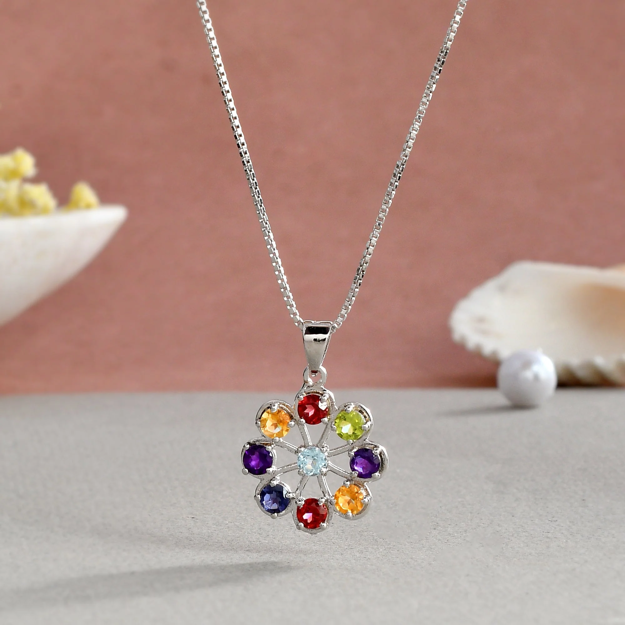 Vibrant 9-Gemstone Multicolor Round Pendant for Women - Image 2