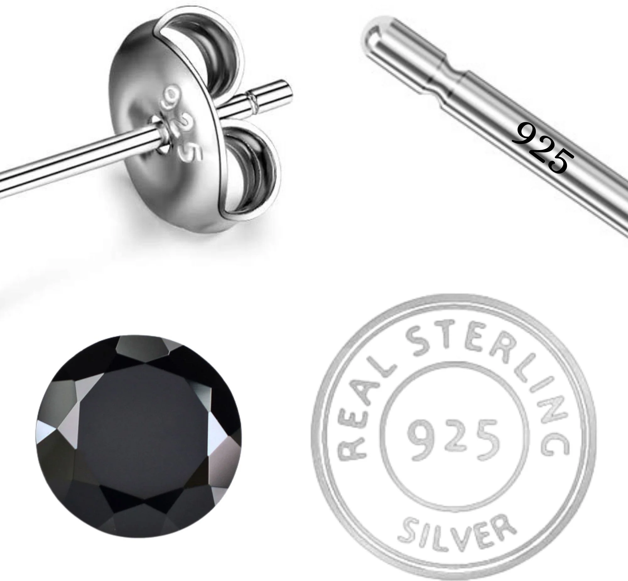 Sleek Sterling Silver Black Onyx Gemstone Unisex Round Stud Earrings - Image 6